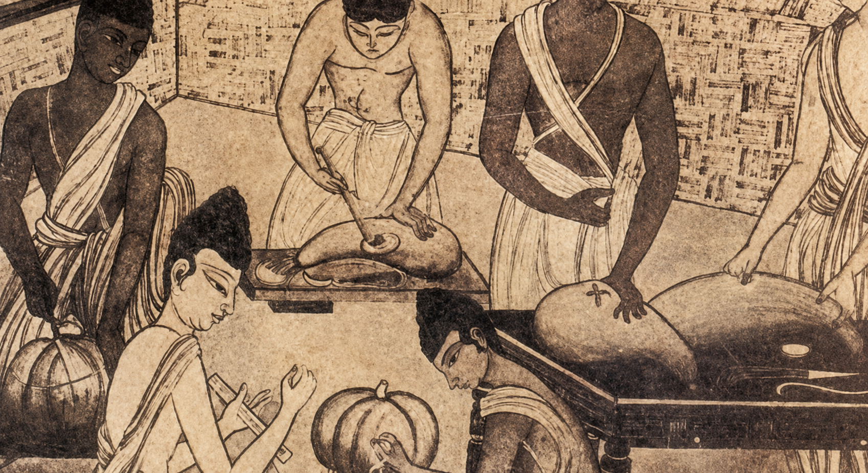Sepia-toned painting of seated figures gathered around a manuscript