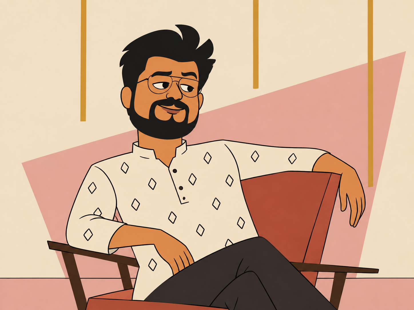 Illustrated portrait of Aryan Ayyar, wearing glasses and a patterned kurta, seated in an armchair.