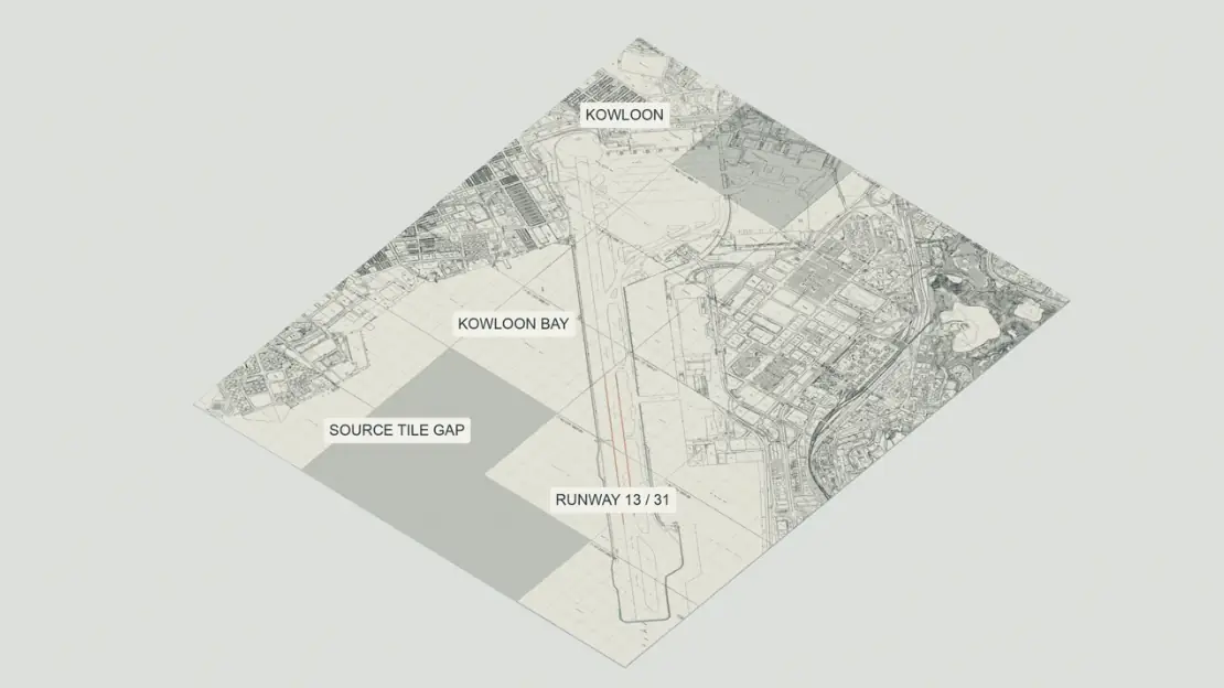 Historical source-map mosaic of Kai Tak, Kowloon and Kowloon Bay, with Runway 13/31 labelled and a visible source-tile gap.